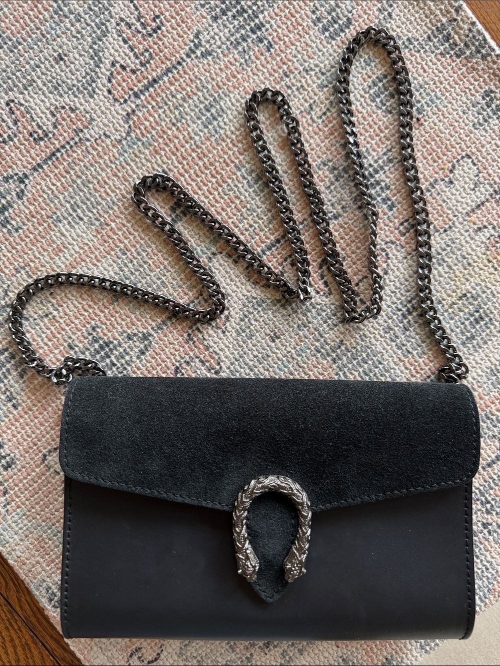 Vera Pelle Black Suede & Leather Crossbody with Gunmetal Chain